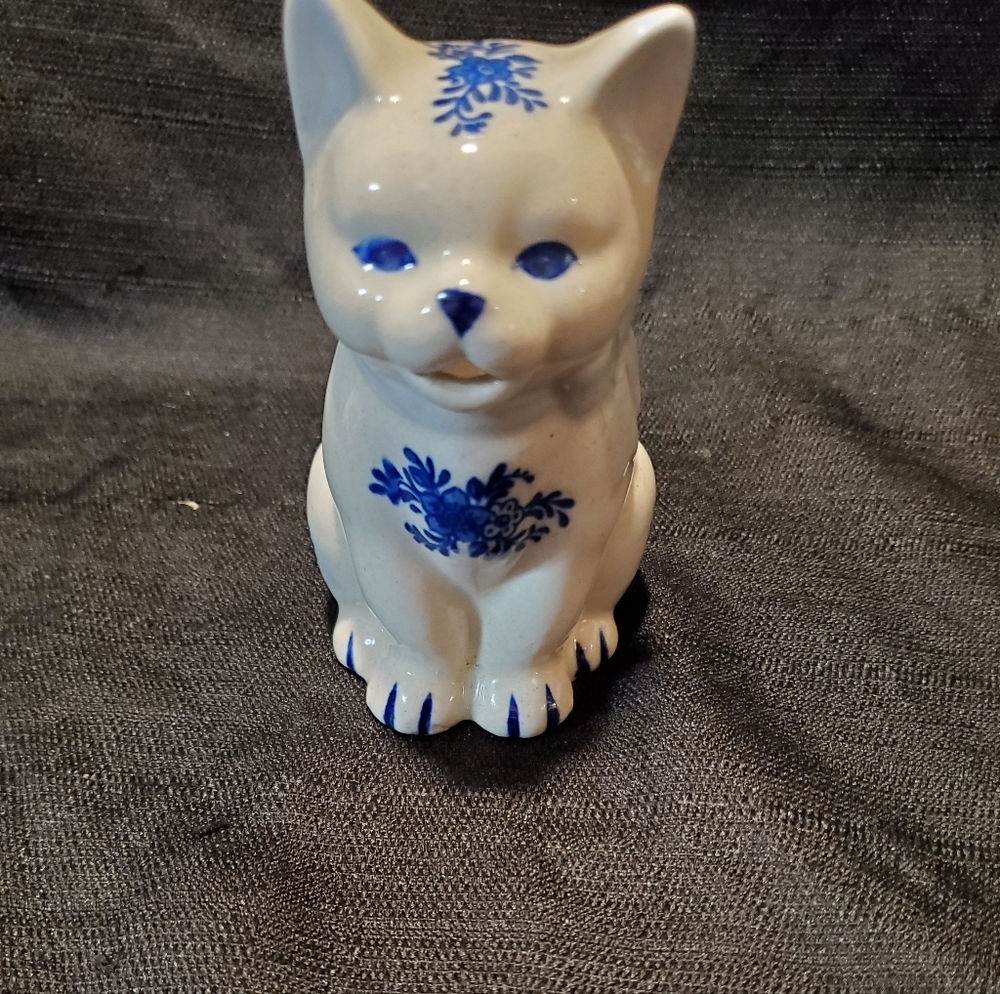 Blue and White Ceramic Cat Figurine
